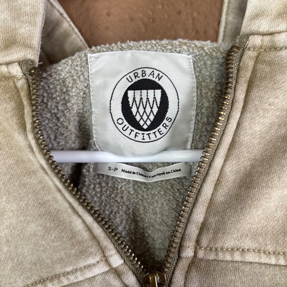 Urban Outfitters Acid Wash Cropped Zip Up Hoodie Tan Khaki Utility Jacket Small - Picture 2 of 12